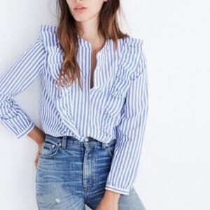 Madewell Ruffle Front Striped Top Blue M